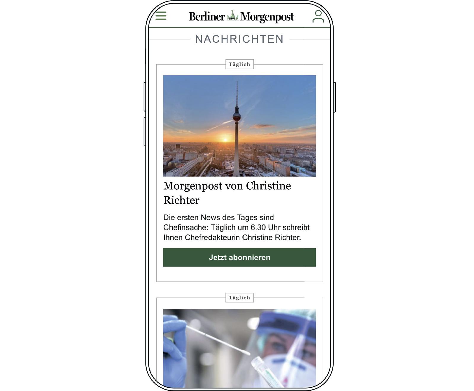 Газета Berliner Morgenpost (Funke Mediengruppe) рассылает бюллетени о политике, экономике, недвижимости, гастрономии, туризме, спорте, горячих и хороших новостях