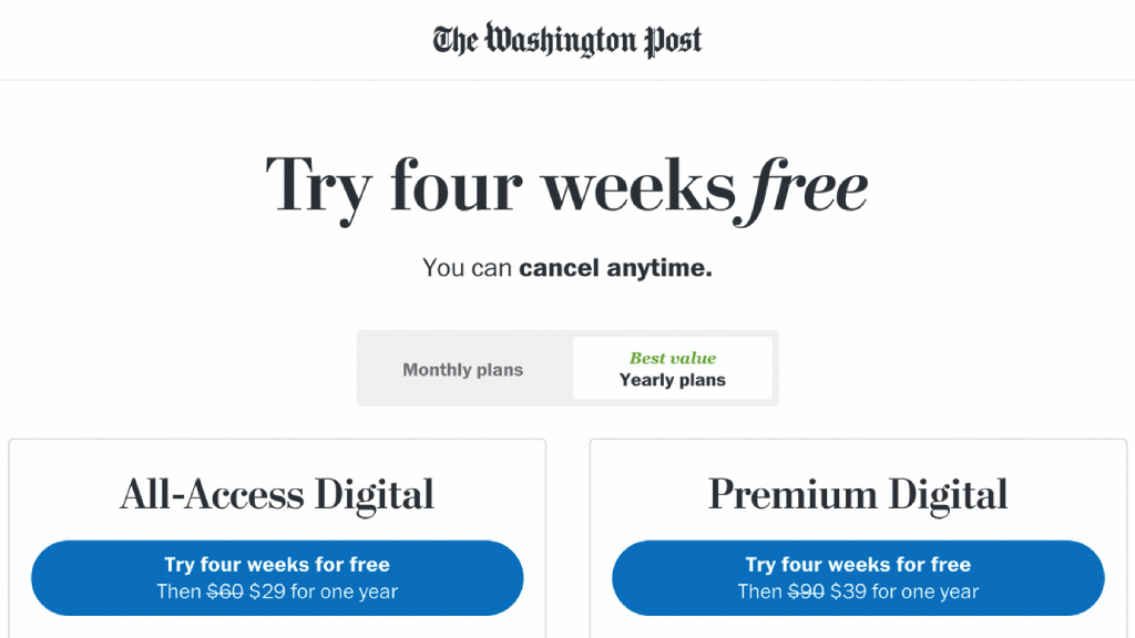 The Washington Post предлагает своим новым подписчикам четырехнедельный бесплатный доступ ко всему цифровому контенту 