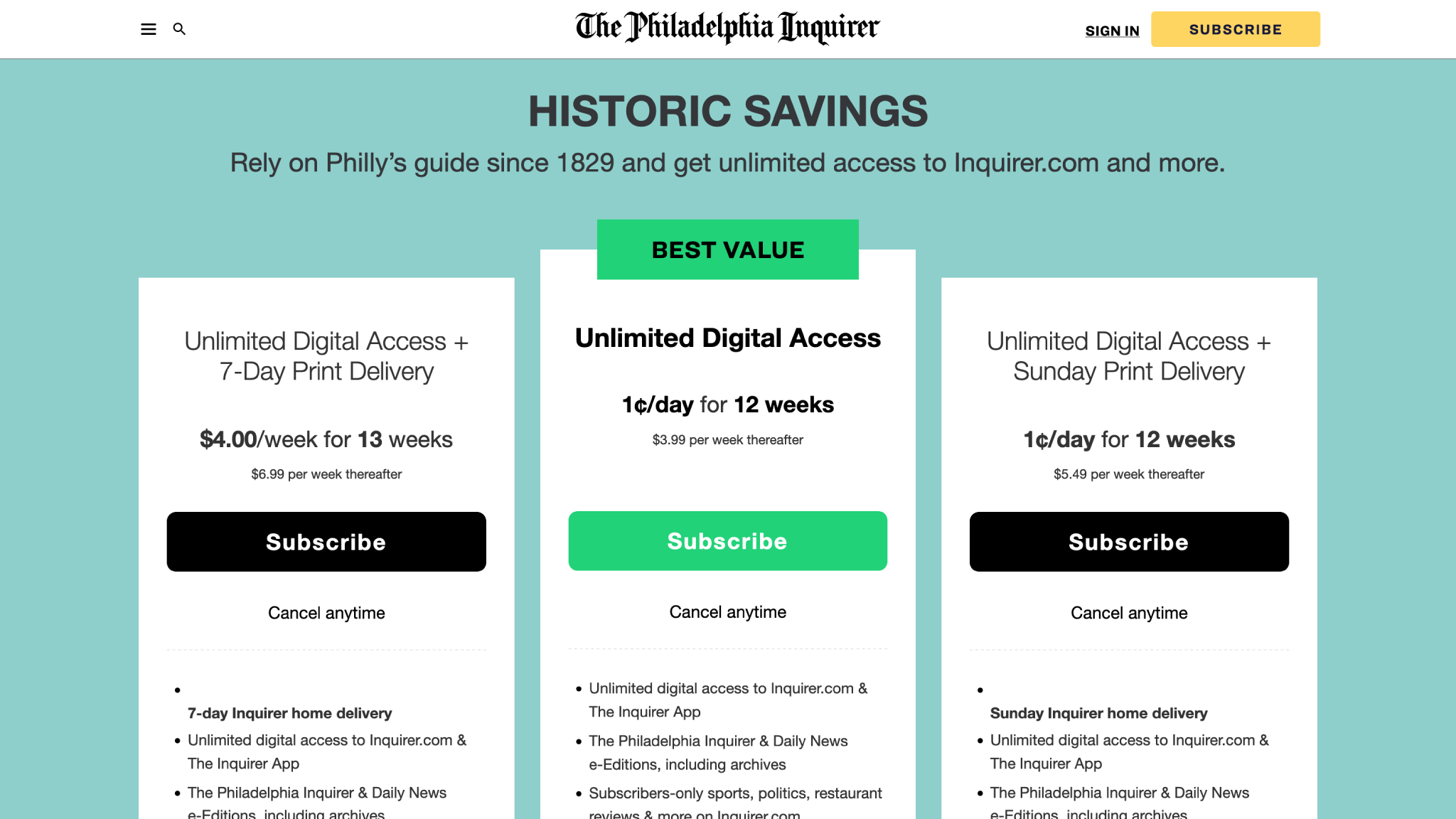 Подписка на цифровую версию The Philadelphia Inquirer стоит 3,99 доллара в неделю. Пакет «digital + ежедневная газета с доставкой на дом» на три доллара дороже