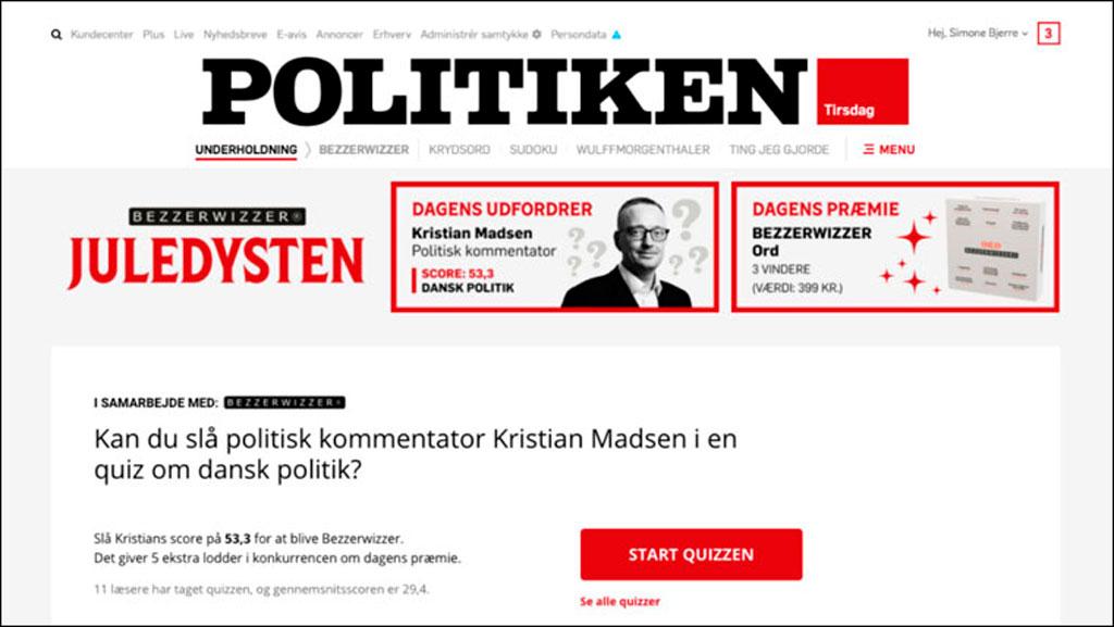 С 1 по 24 декабря 2020 года на главной странице politiken.dk появлялся новый квиз, подготовленный «журналистом дня»