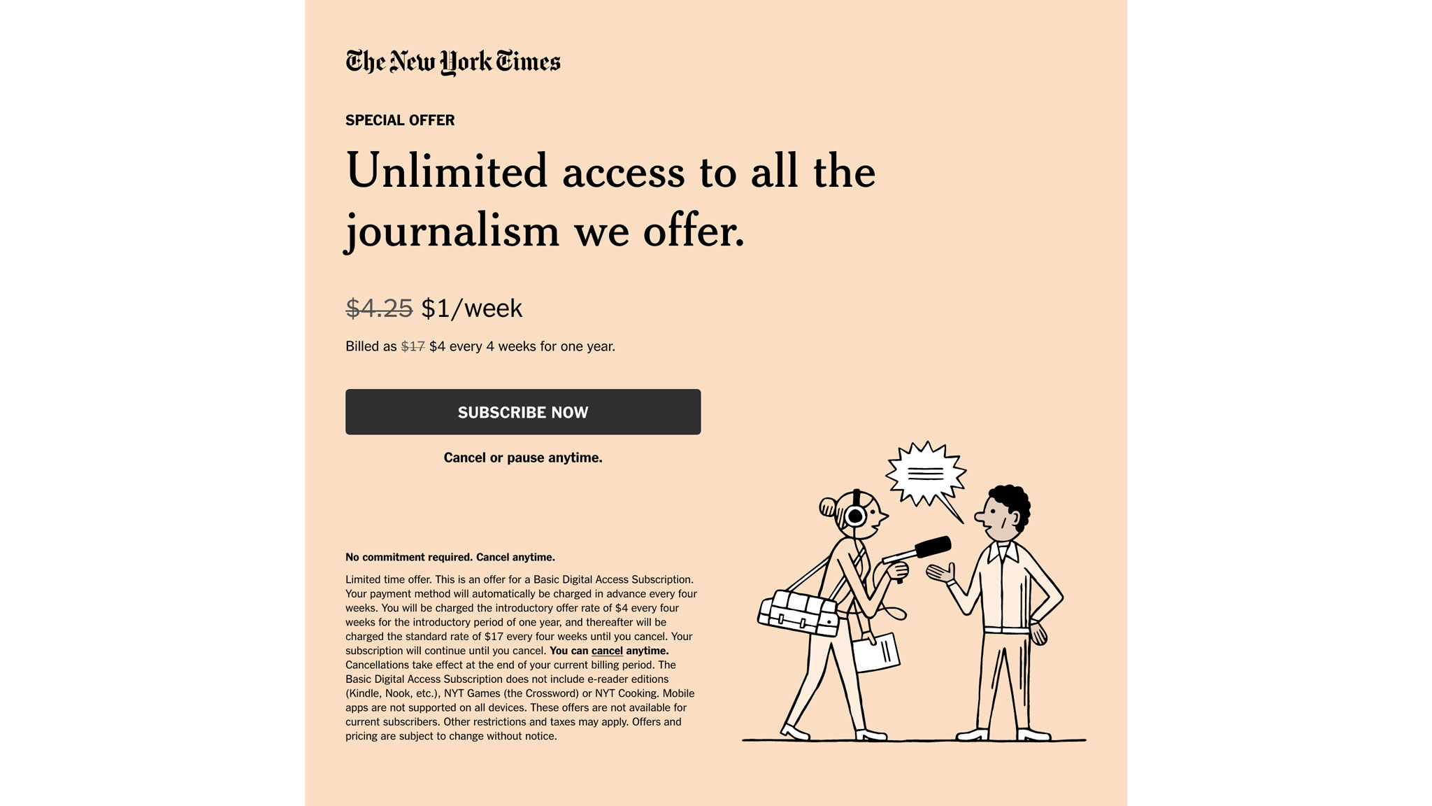 В The New York Times регулярно предлагают различные скидки на цифровую подписку. Последнее предложение: 50 центов вместо двух долларов в неделю в течение одного года