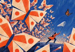 Человек с сачком движется среди множества геометрических бабочек на синем фоне